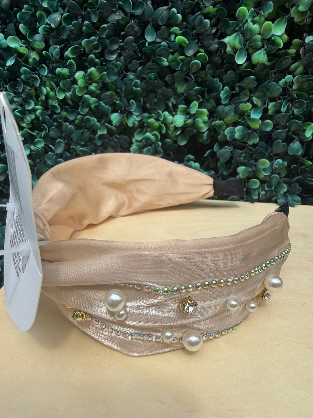 Pearl & Crystal Embellished Satin Headband - Champagne